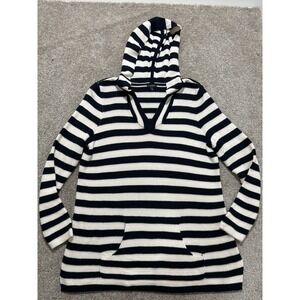 Talbots Women's1x Petite Navy & Ivory striped Cotton Knit Hooded Sweater